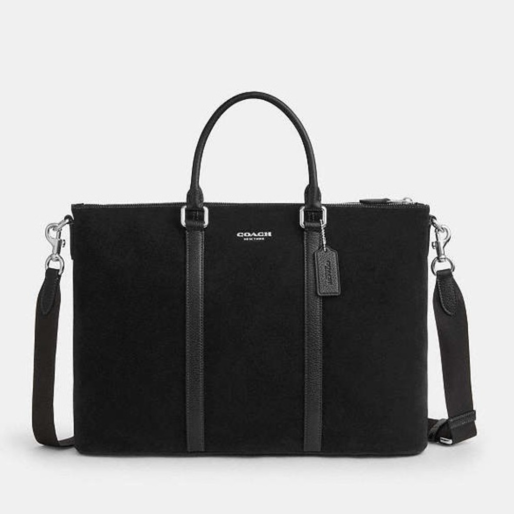 NWT COACH Caleb Work Bag Silver/Black Suede and refined pebble leather $598 - Picture 3 of 7